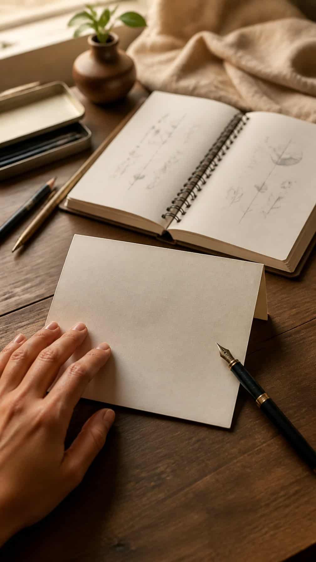 A hand rests beside a blank folded note and a sketchbook on a warmly lit table.