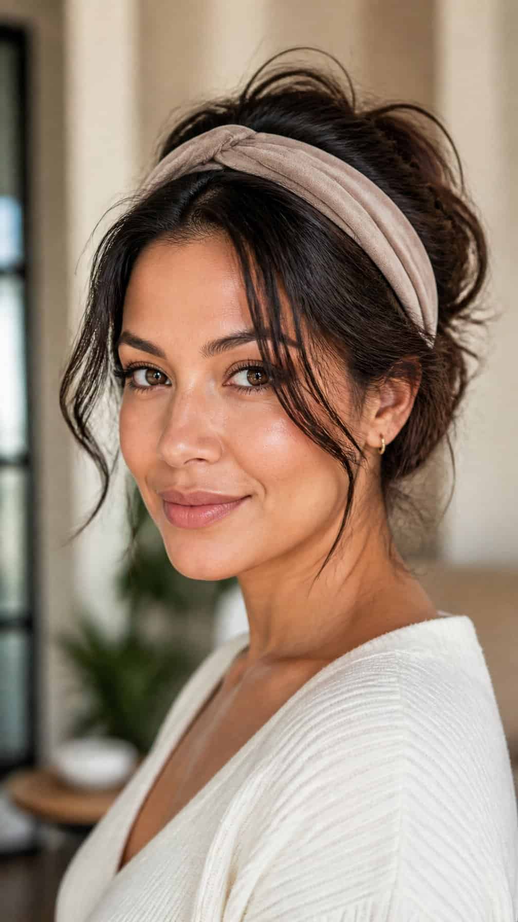 Woman wearing a headband with her hair tucked up and loose strands framing her face.
