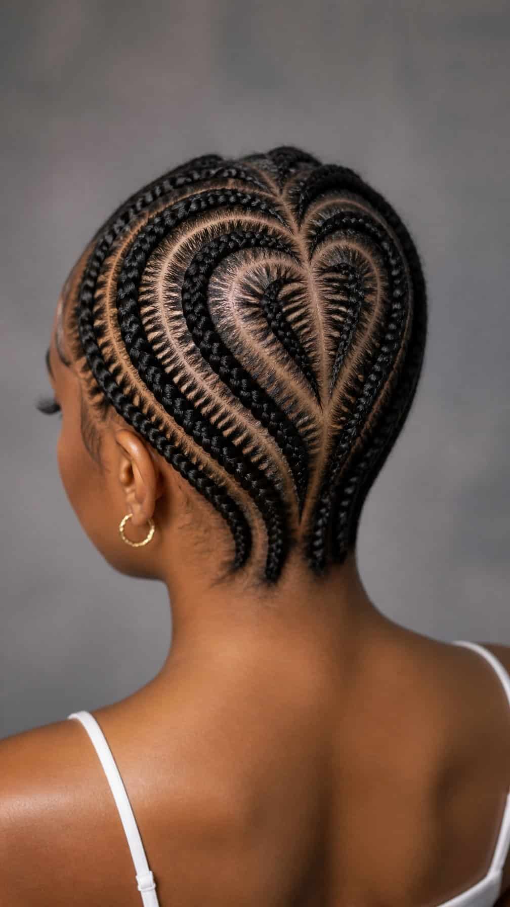 A person shown from behind with a neatly braided hairstyle featuring a heart-shaped pattern.