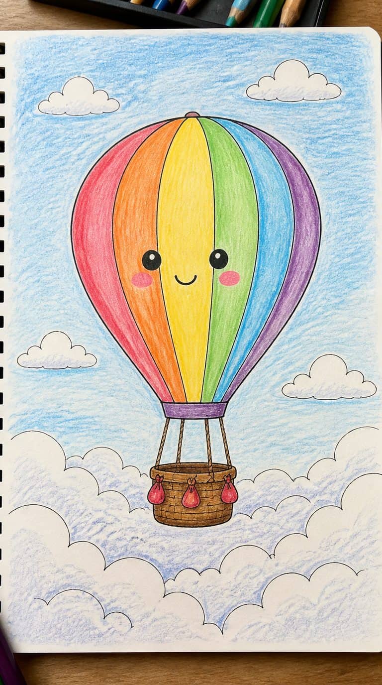 A hand-drawn artwork of hot-air balloon in the sky.