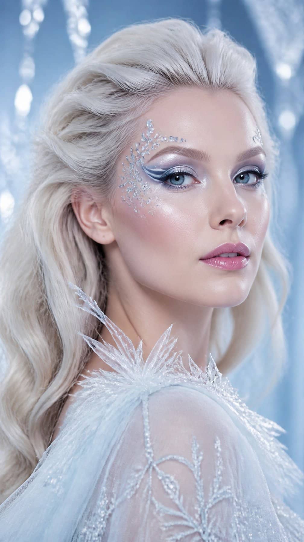 Woman wearing elegant icy blue and silver Ice Queen makeup against a pale blue background.
