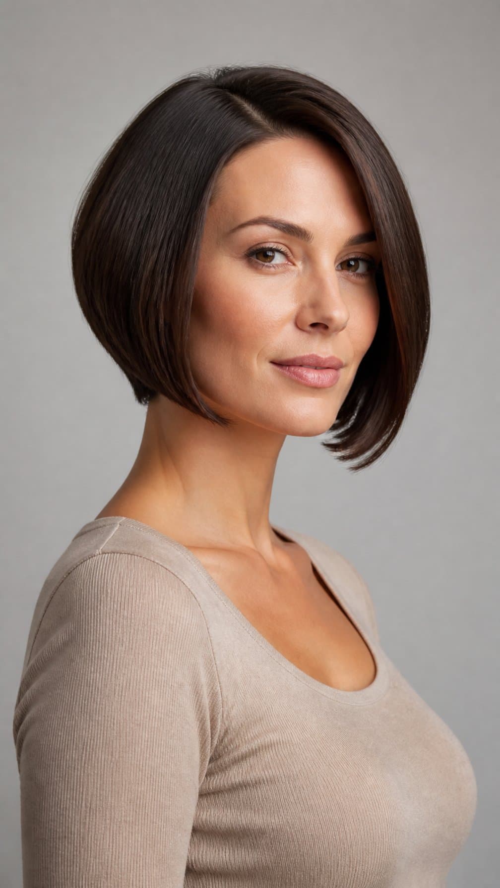 Woman with a sleek angled bob haircut posing against a plain background.