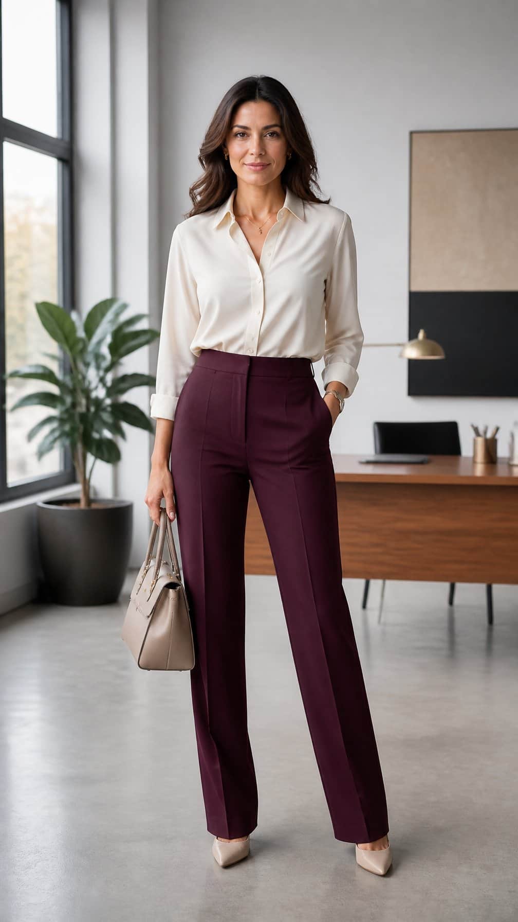 A woman in an ivory shirt and burgundy tailored trousers standing in a modern office.
