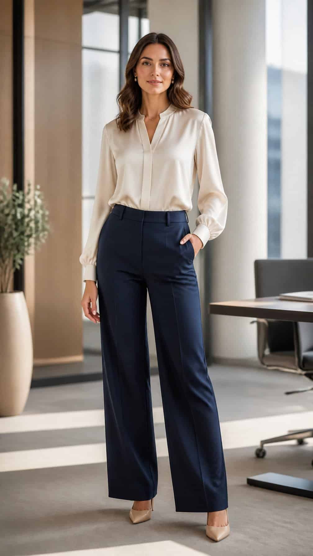 Woman wearing an ivory blouse and navy wide-leg pants in a modern office.