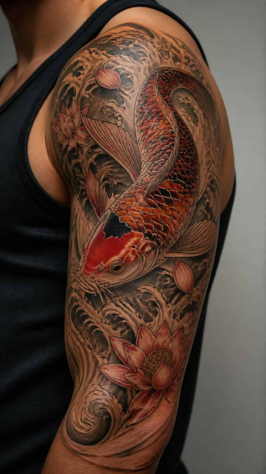 A colorful koi fish tattoo covers an older tribal tattoo on a person’s upper arm.