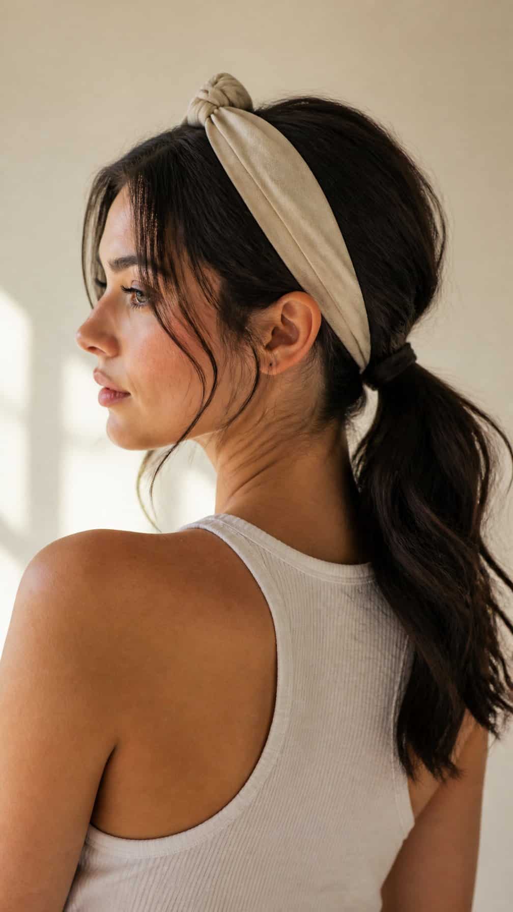Woman wearing a knotted headband with her hair gathered into a low ponytail.