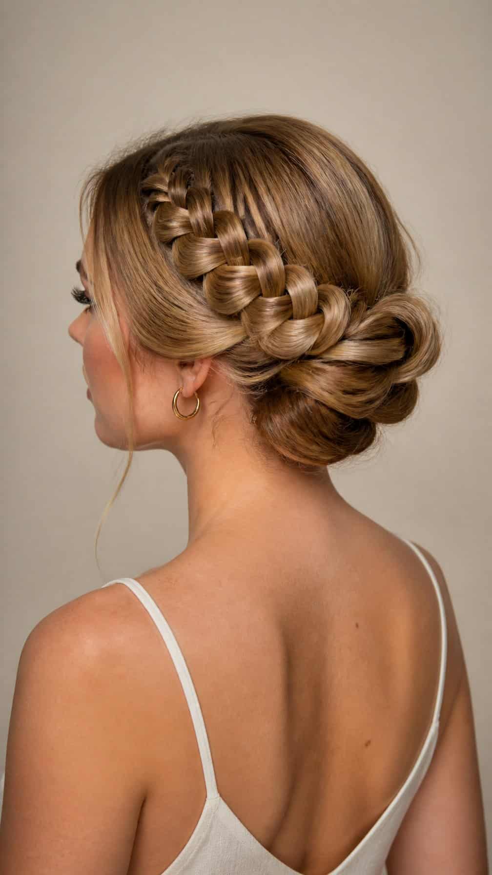 A woman with long hair arranged in a braided updo.
