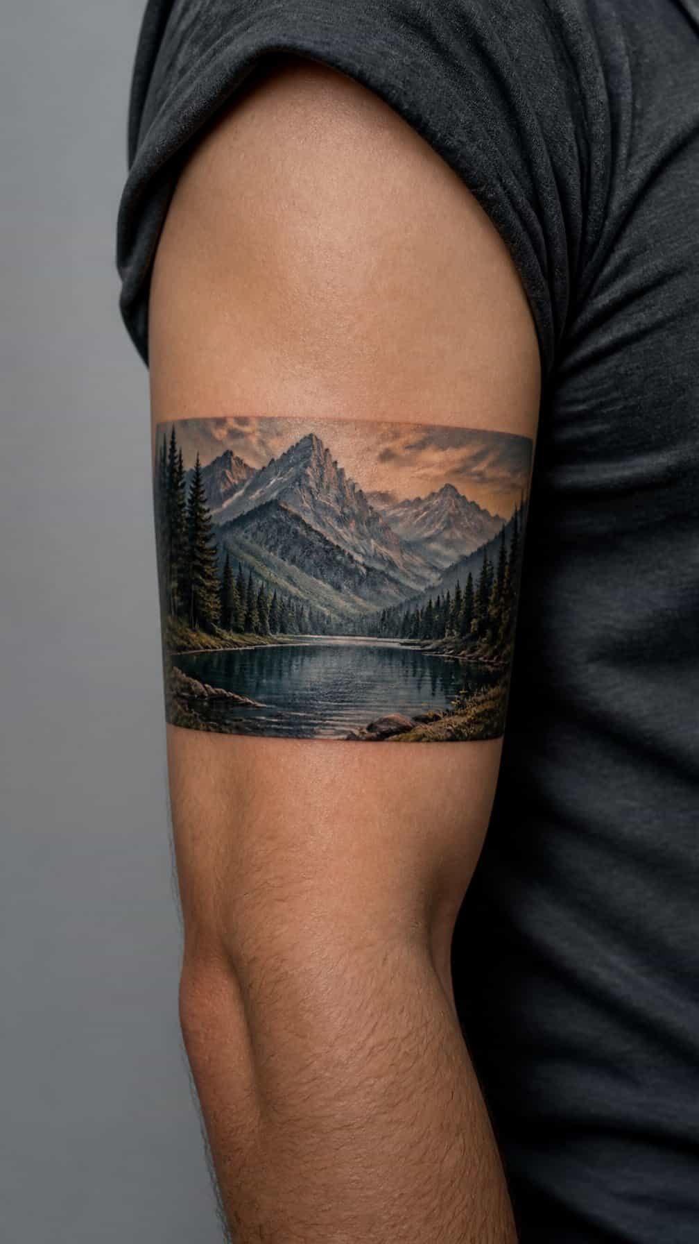 A rectangular tattoo on an arm depicts mountains, a lake, and evergreen trees.