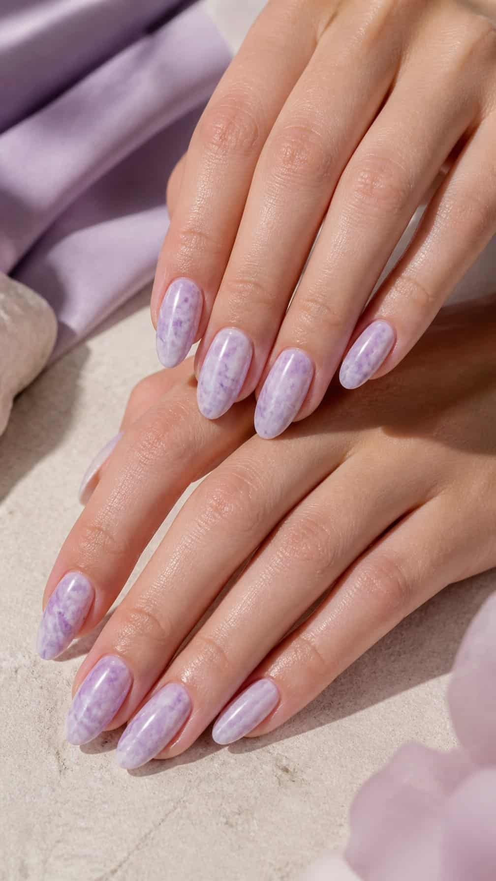 Close-up of manicured hands with glossy lavender marble-patterned nails resting on a pale surface.