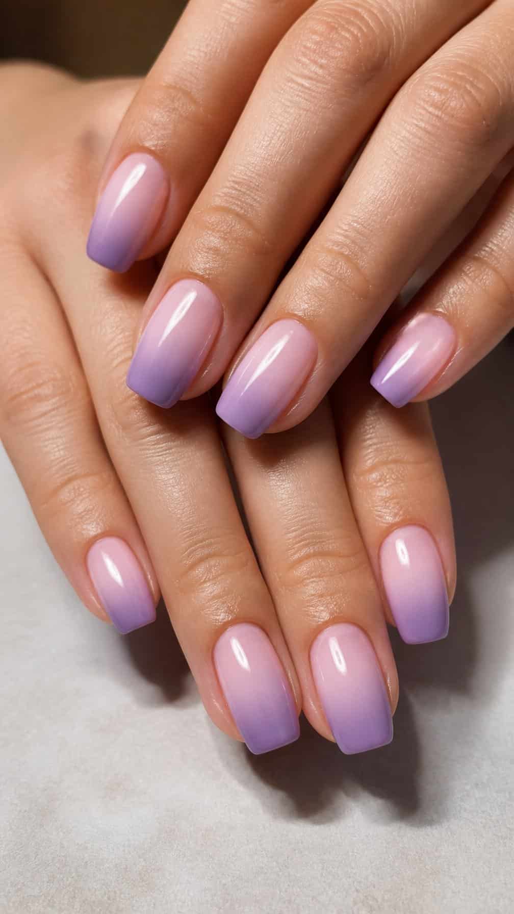 A close-up of manicured nails fading from lavender to pale pink with a glossy finish.