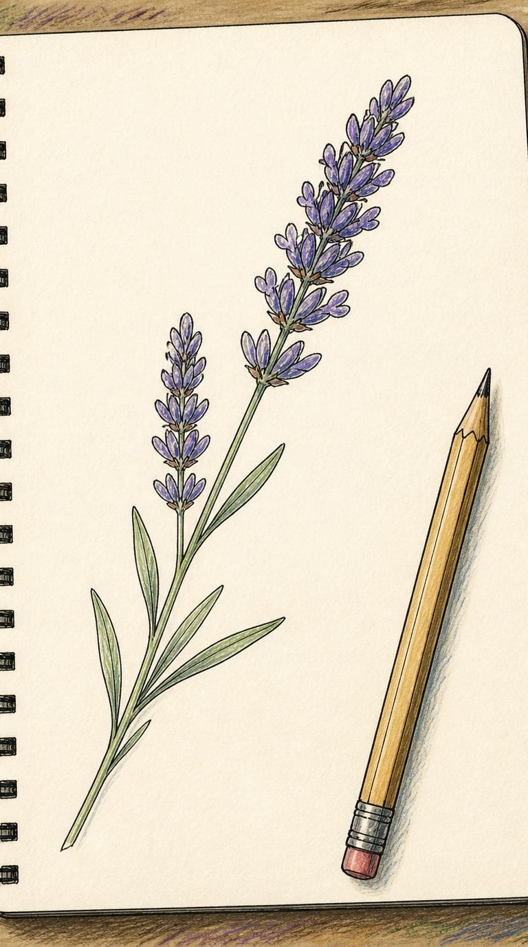 A hand-drawn artwork of lavender sprig.