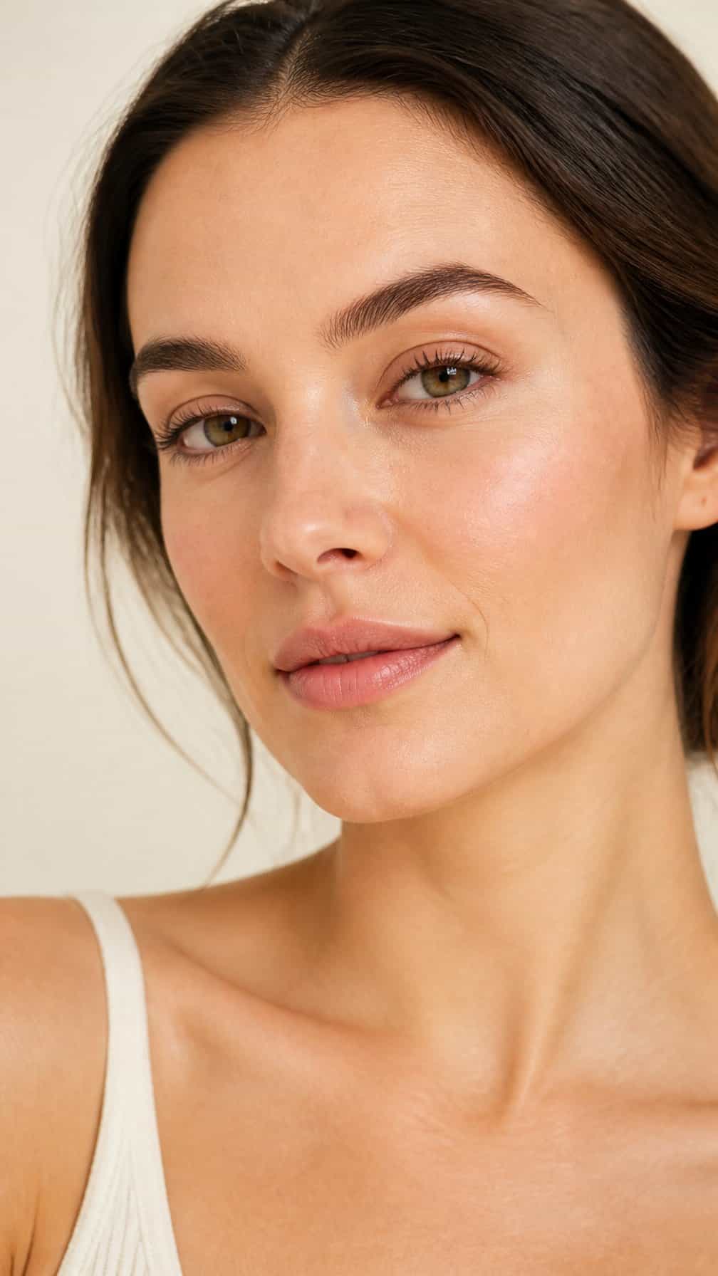 Close-up portrait of a woman with softly defined eyes and natural-looking brown lengthened eyelashes.