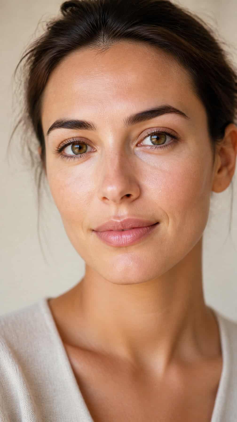 Close-up portrait of a woman with fresh natural makeup and softly brightened under-eye areas.