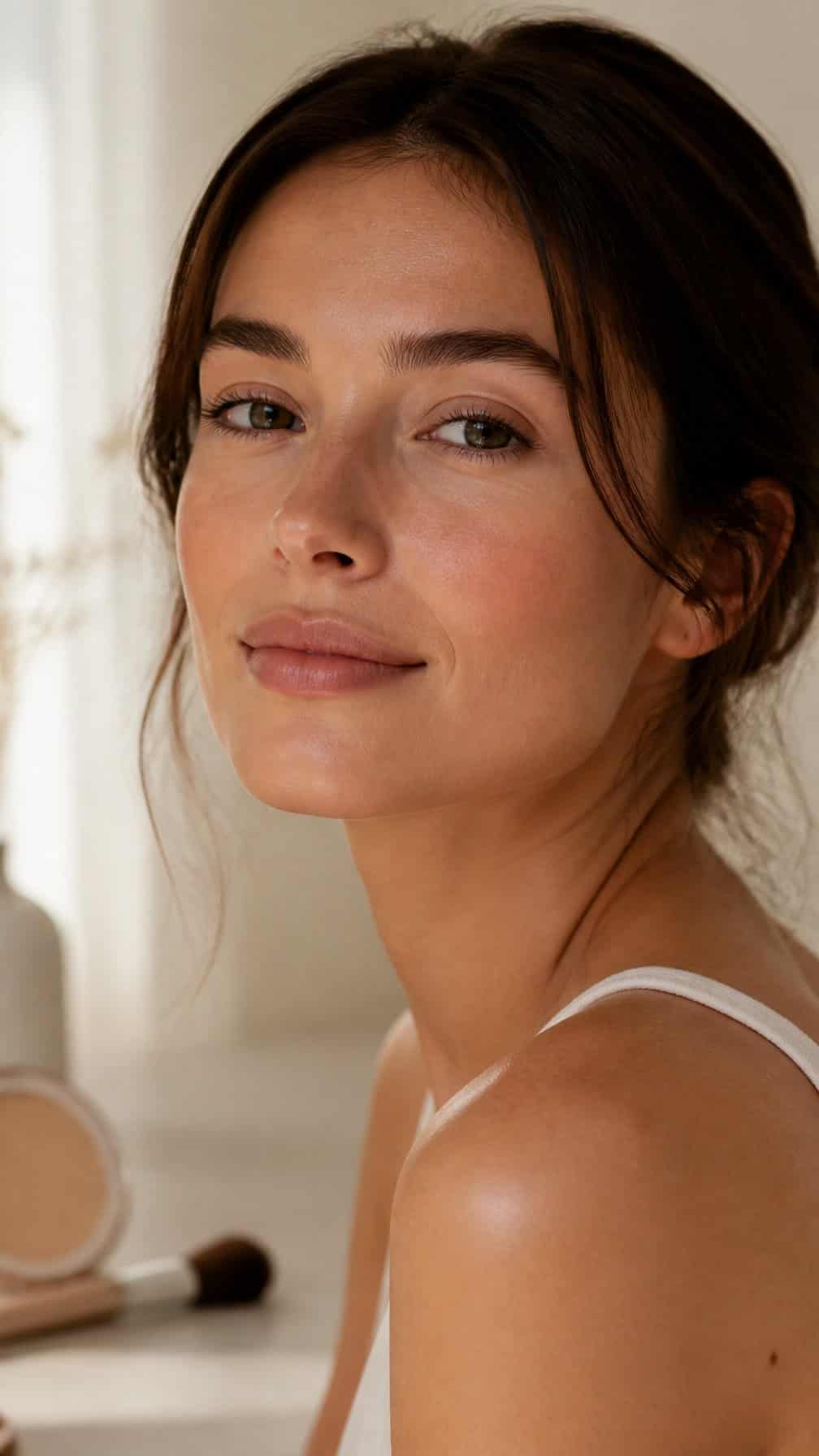 Woman with fresh, natural makeup and softly glowing skin beside a bright window.