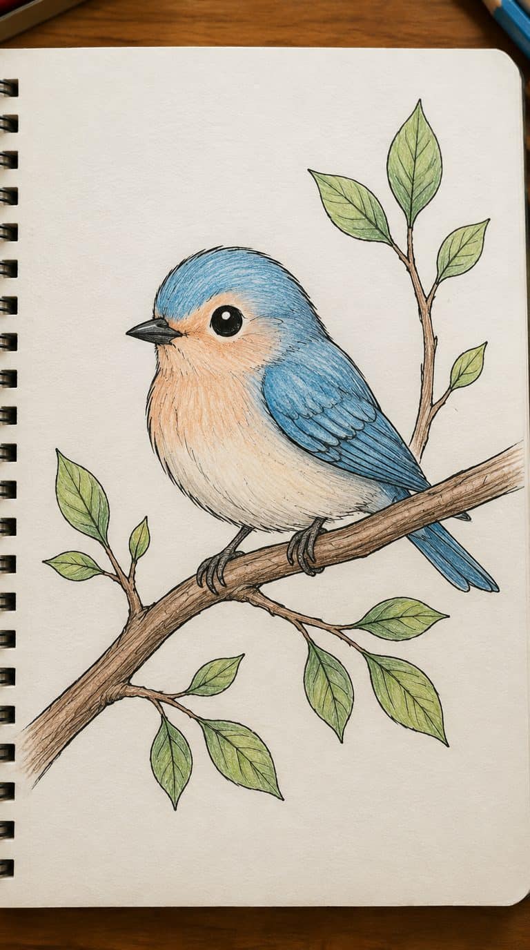A hand-drawn artwork of little bird on a branch.
