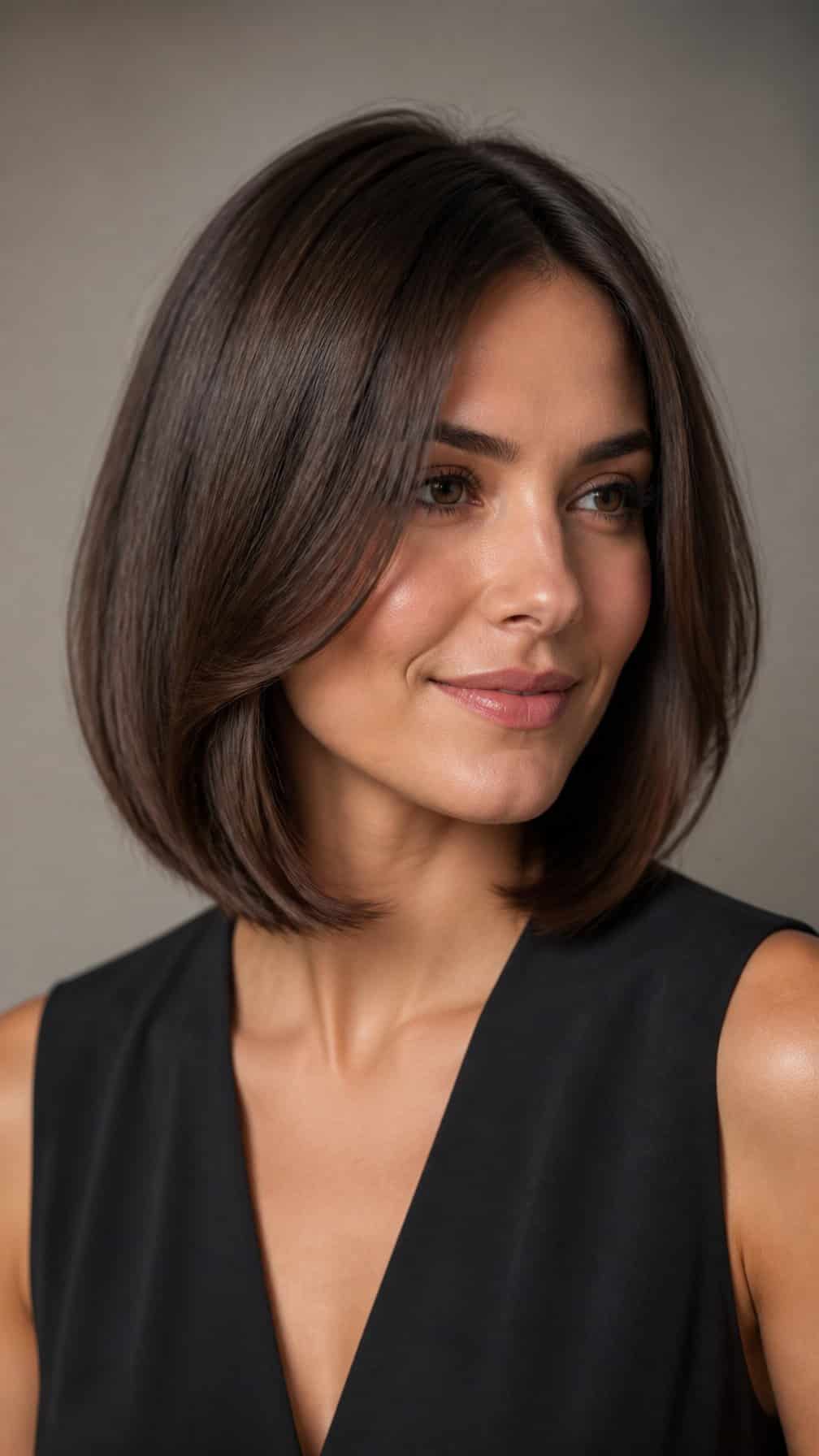 Woman with a smooth shoulder-length bob haircut featuring rounded layers and gently curved ends.
