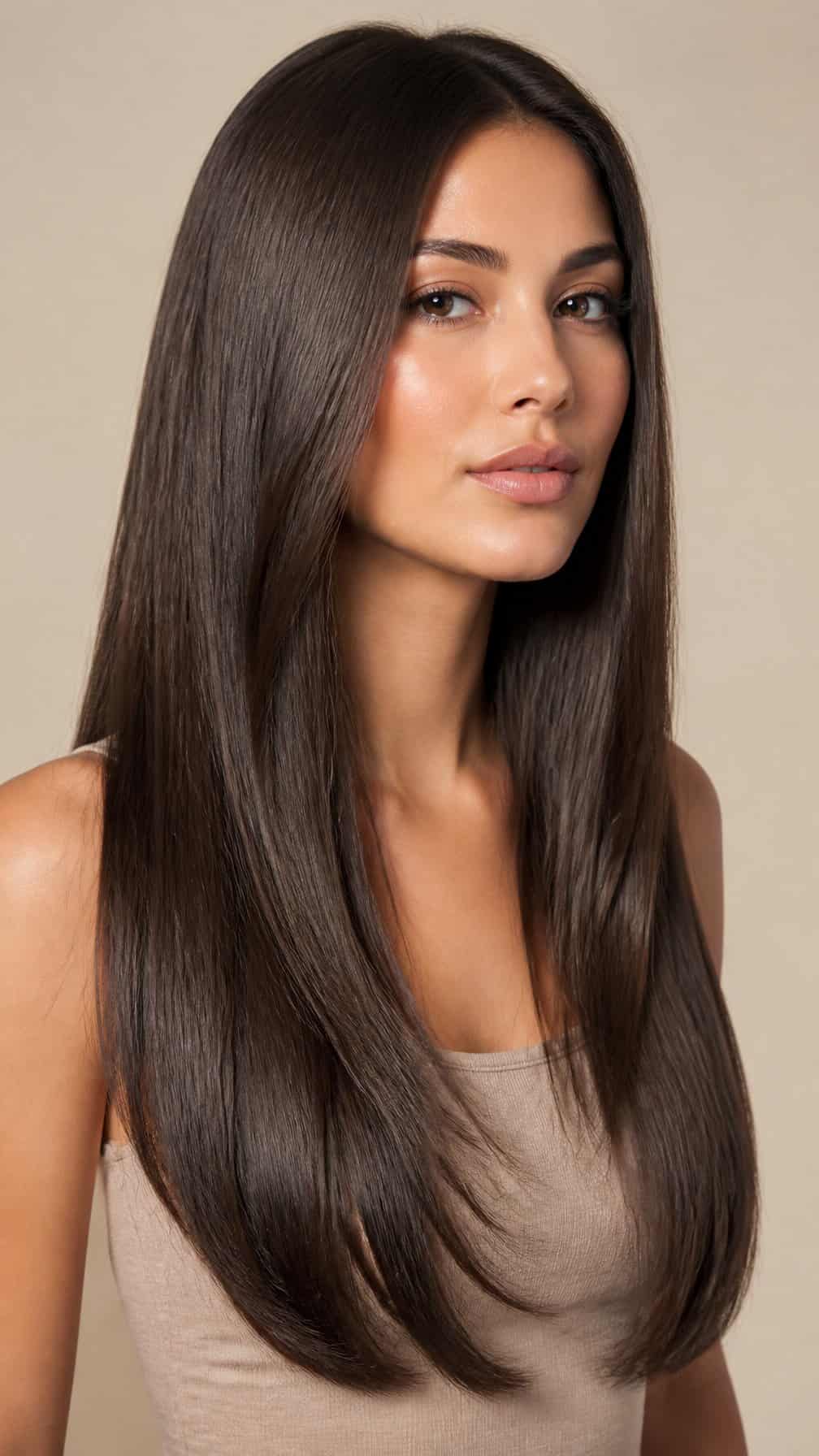 A woman with very long, straight hair featuring subtle layers and softly moving ends.