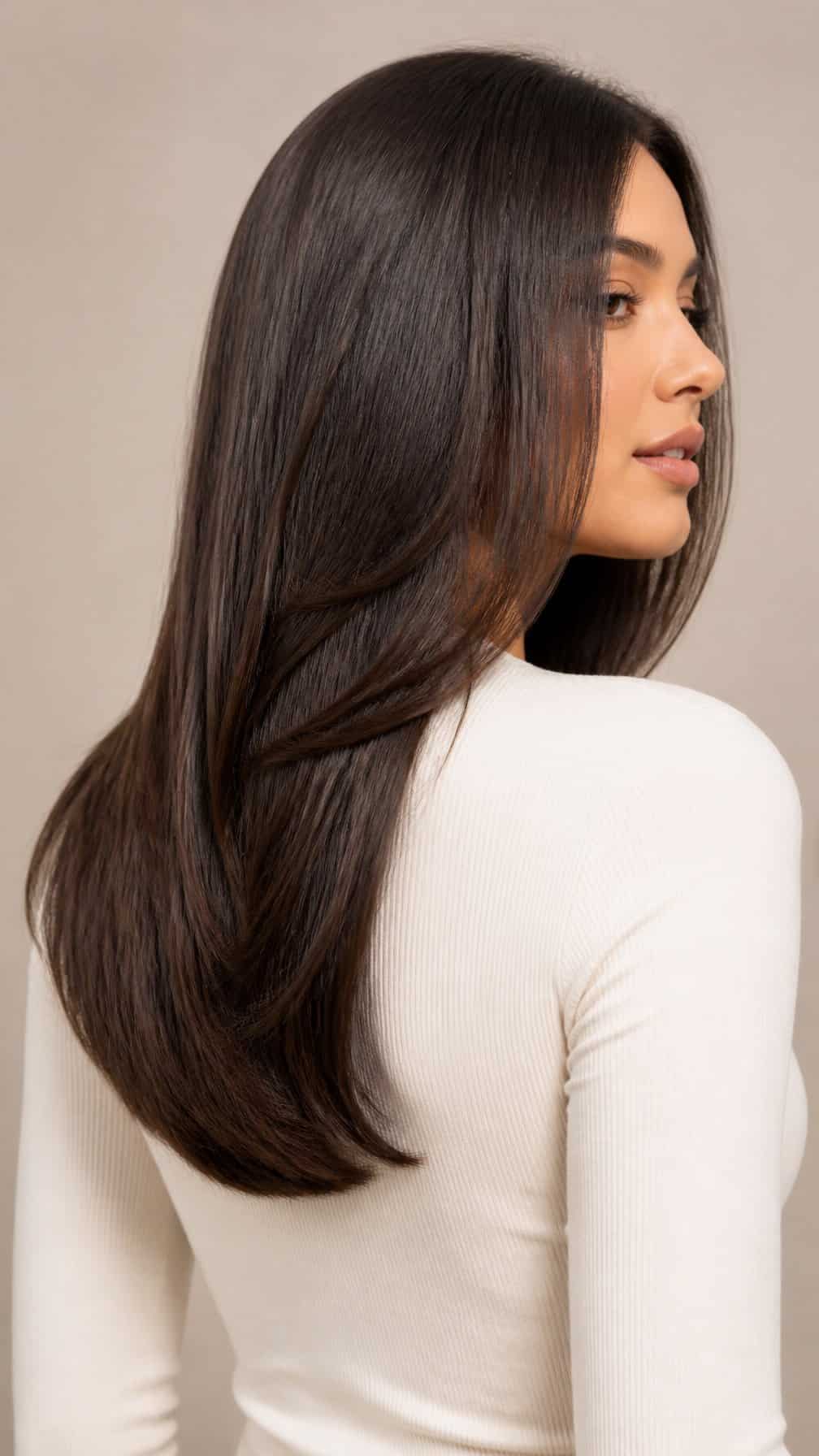Woman with straight, long layered hair and softly beveled ends.