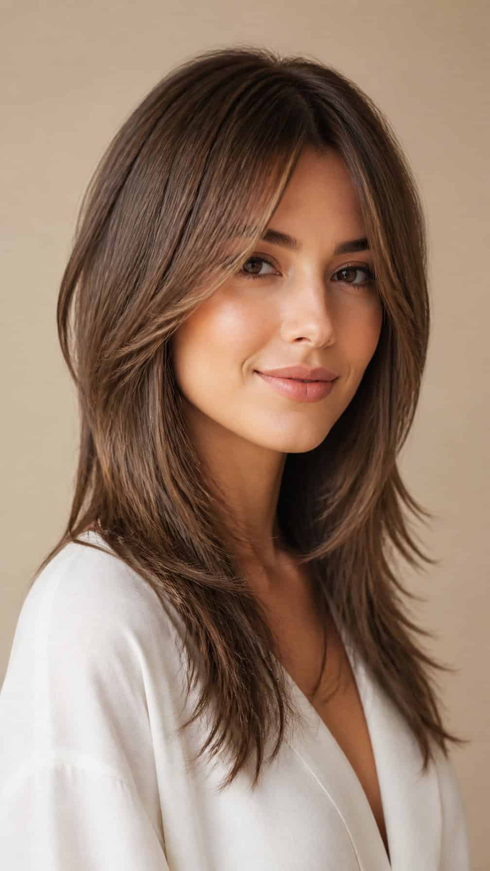Woman with straight layered hair posing against a neutral background.
