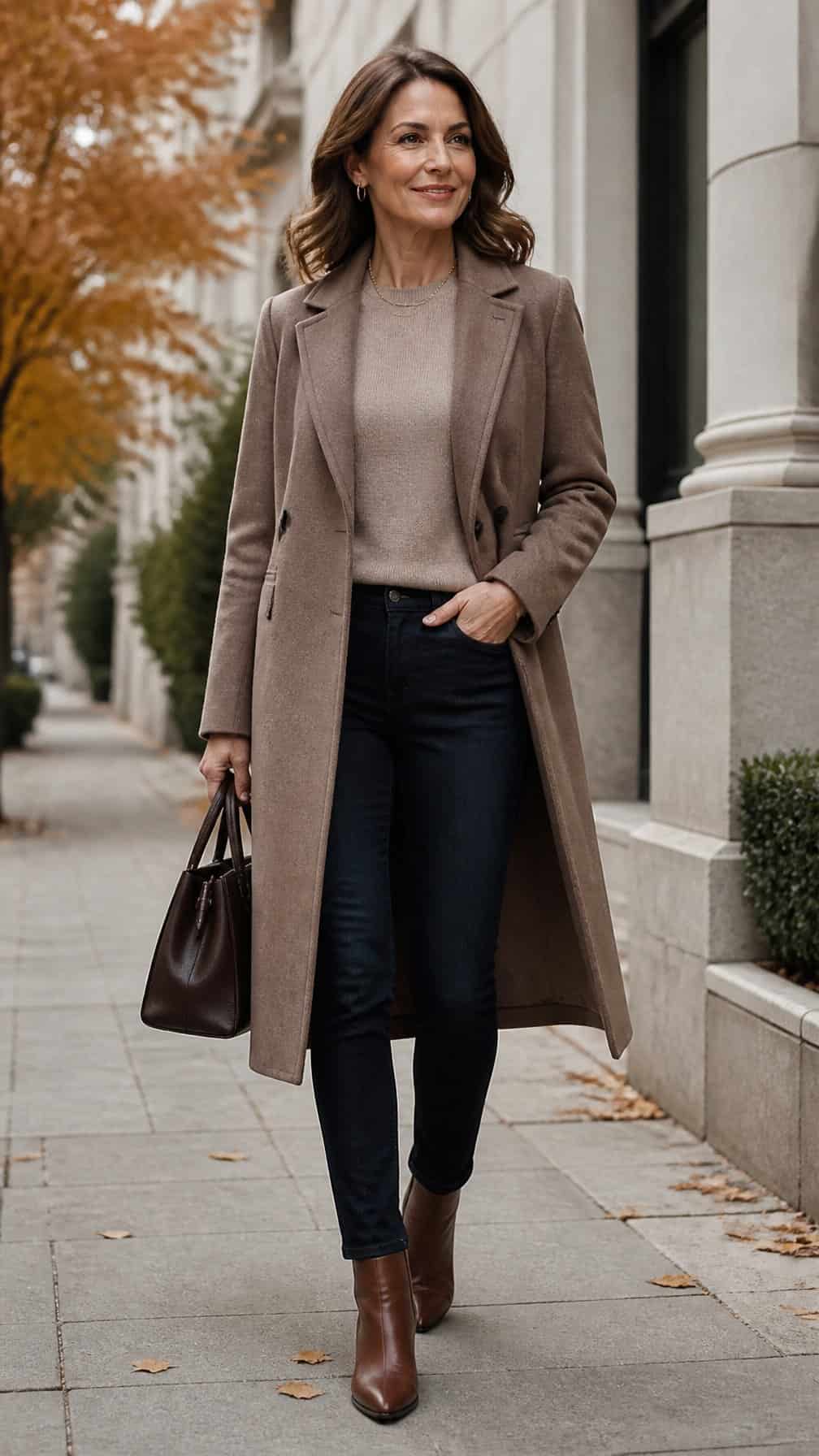 A mature woman wearing a long wool coat, slim jeans, and ankle boots stands on an autumn city sidewalk.