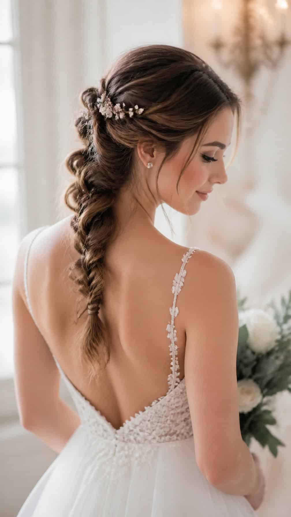 Bride wearing a loose French braid with soft volume in a wedding setting.