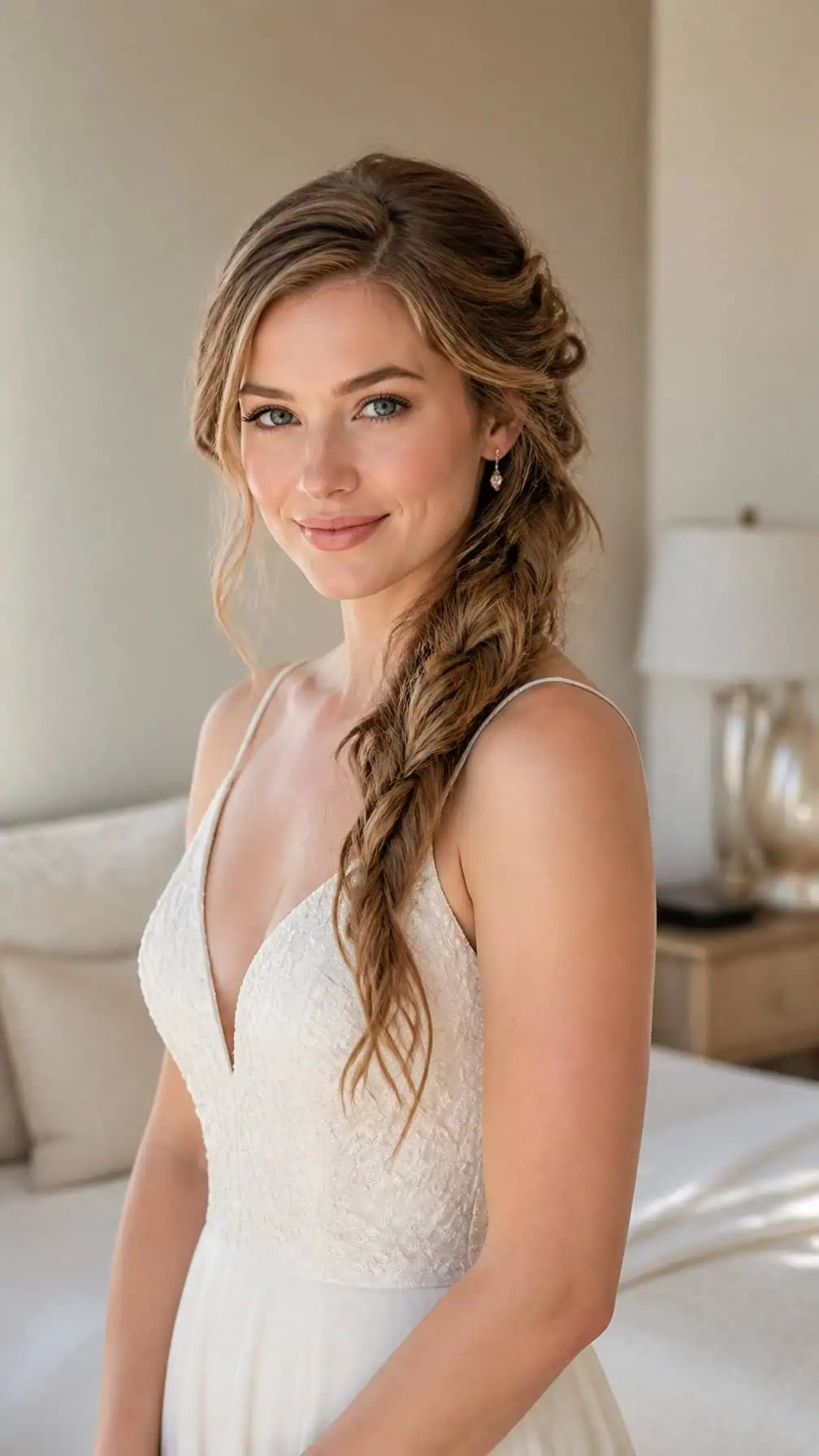Bride wearing a loose side braid with wispy tendrils.