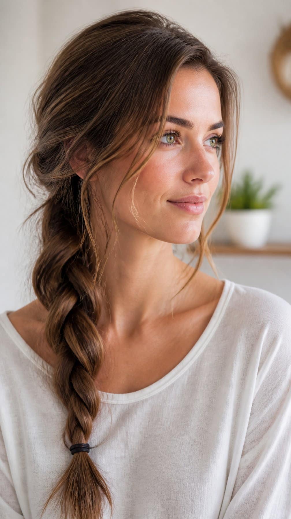 Woman with long hair styled in a loose side braid over one shoulder.