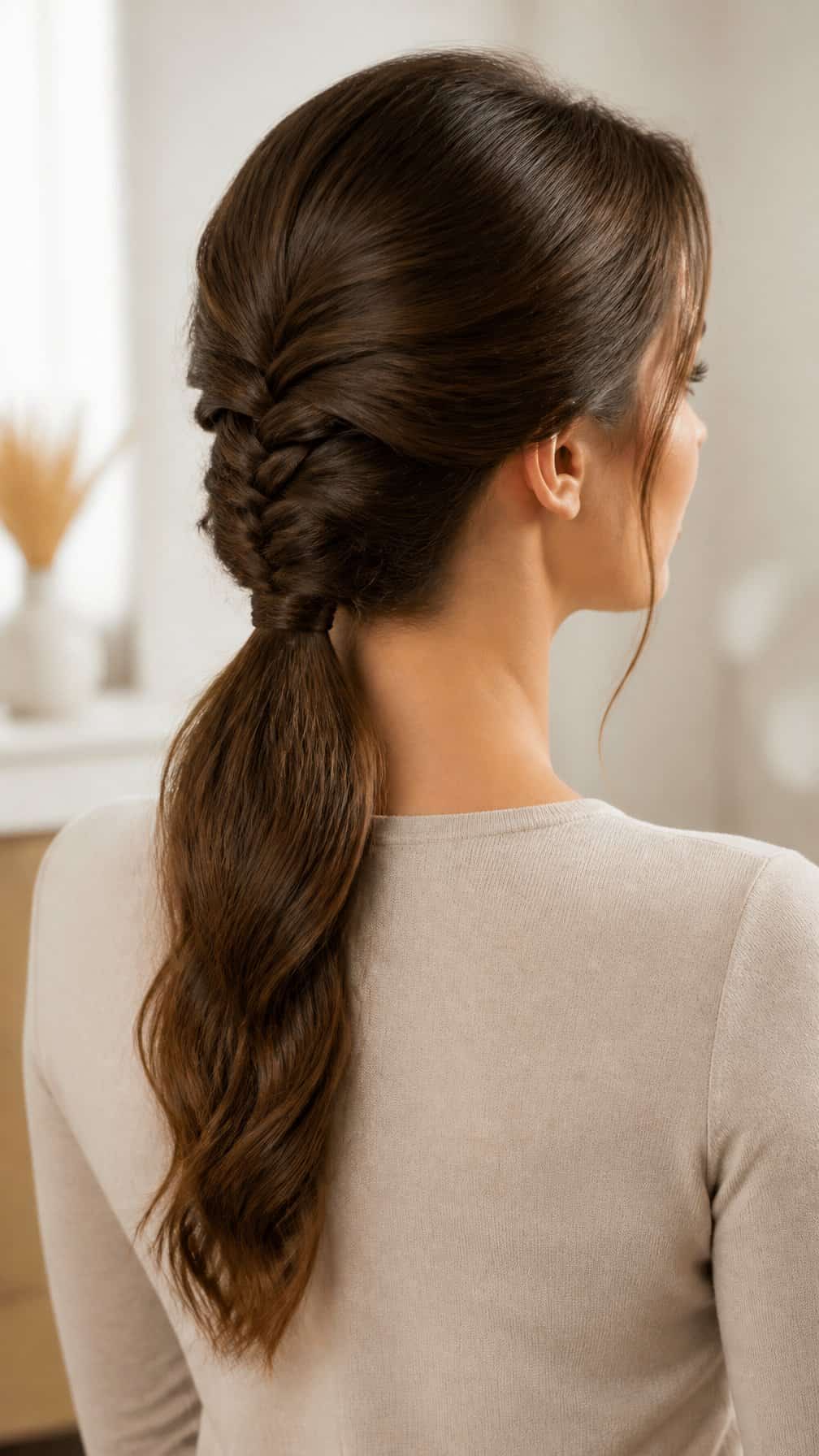 Woman with a low braided ponytail viewed from behind.