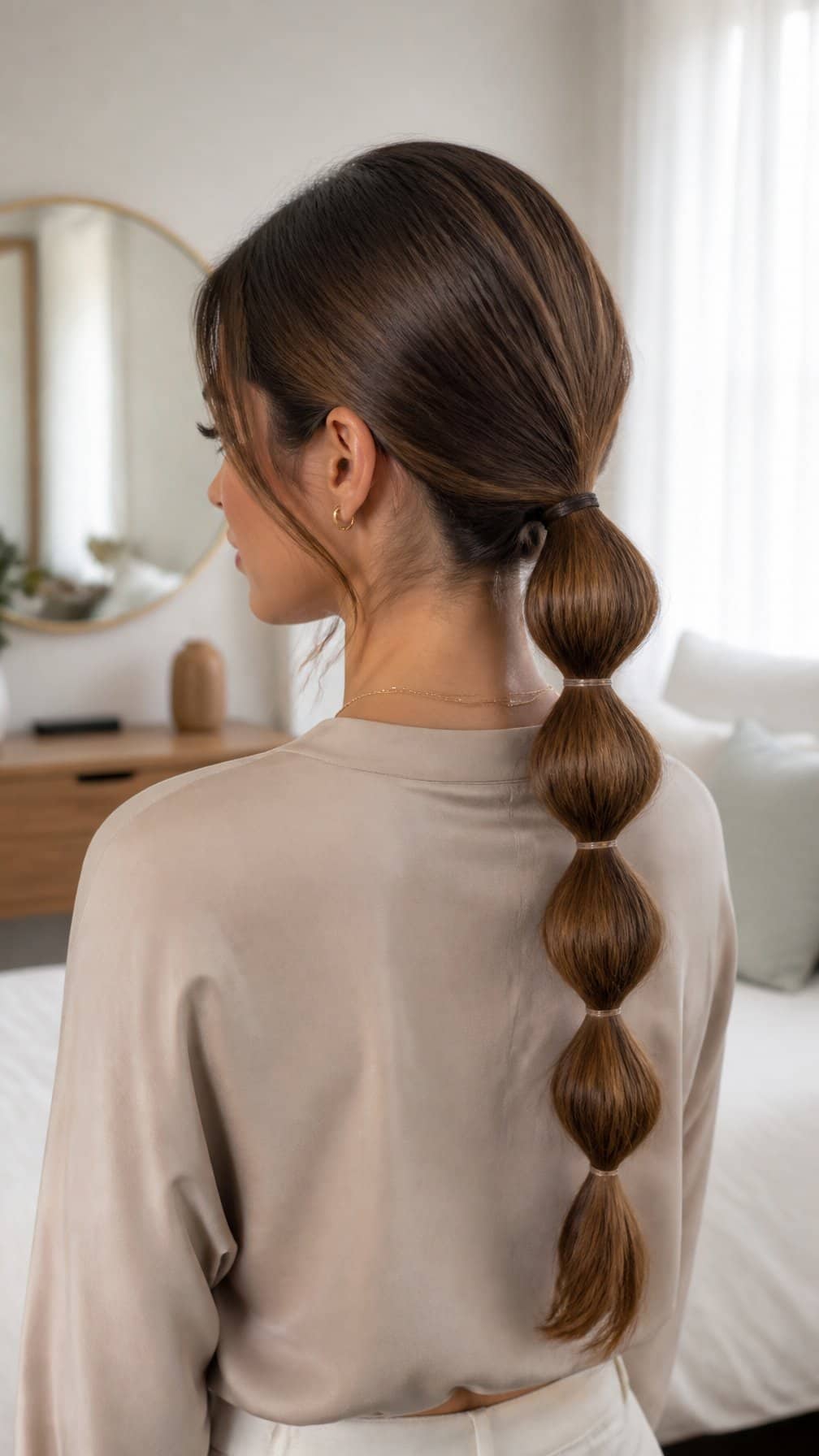 A woman showing a low ponytail divided into several rounded bubble sections.