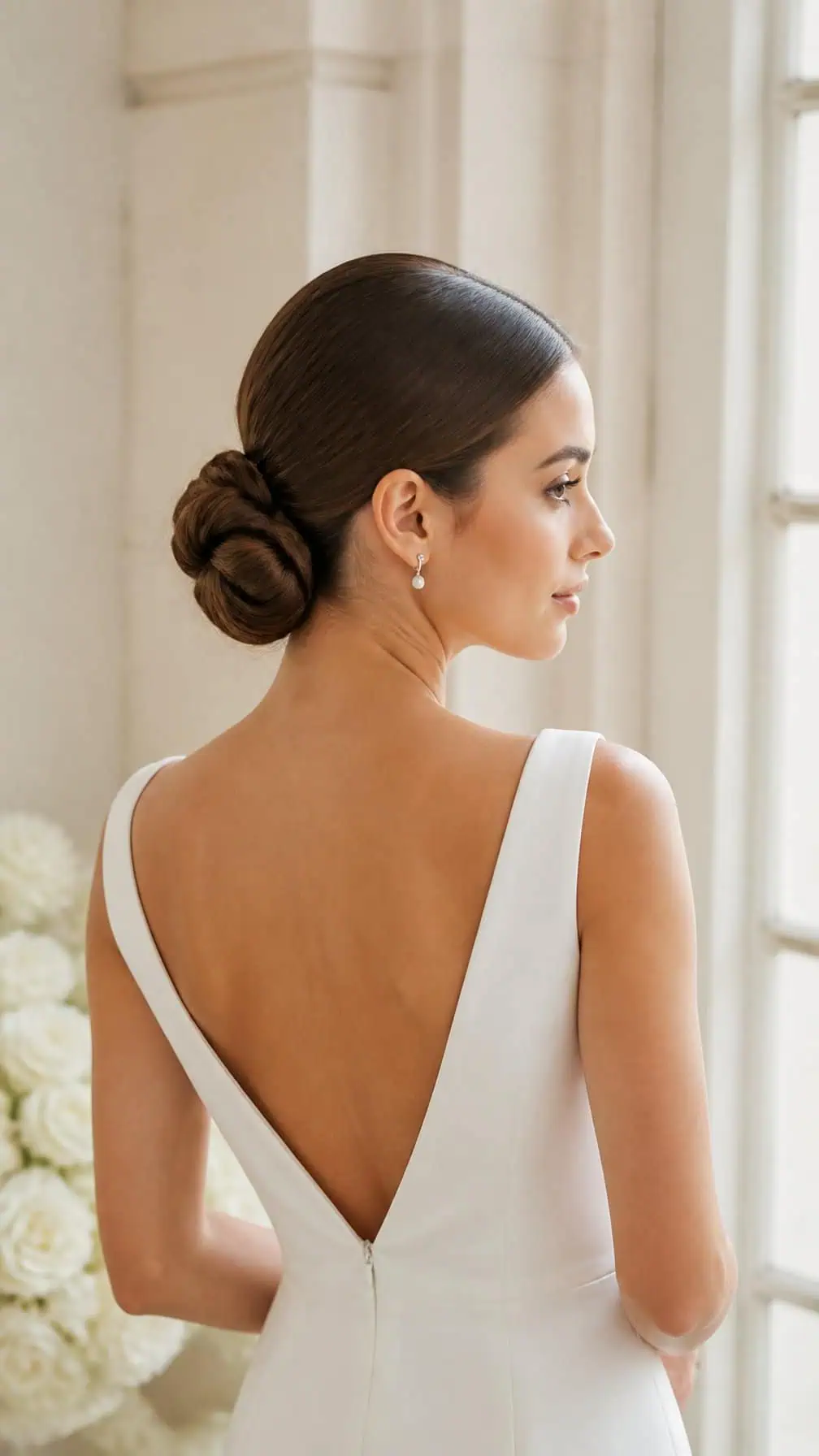 Bride wearing a smooth low chignon with a center part.