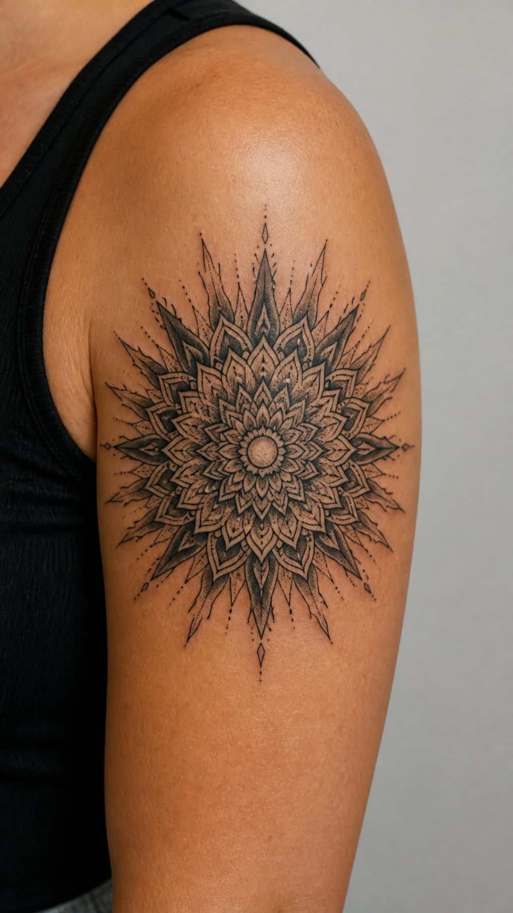 A detailed mandala sunburst tattoo covers a faded star tattoo on a person's upper arm.