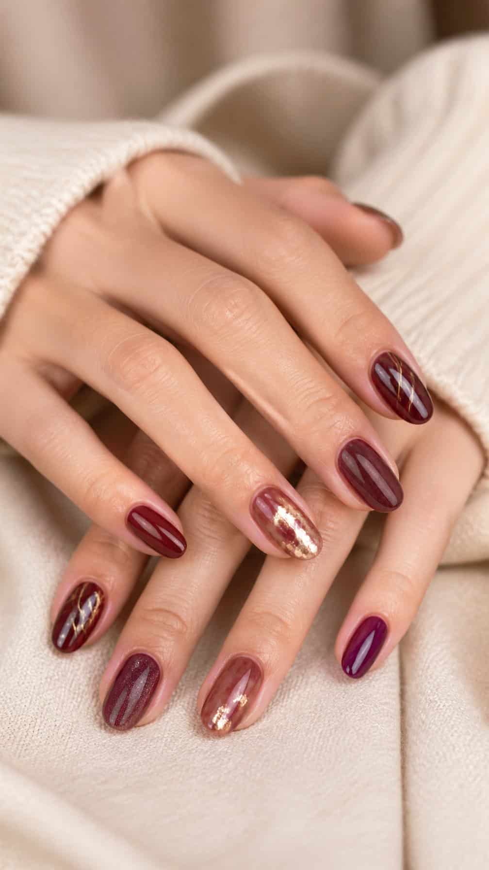 A close-up of manicured hands with elegant maroon nails resting on a light neutral surface.
