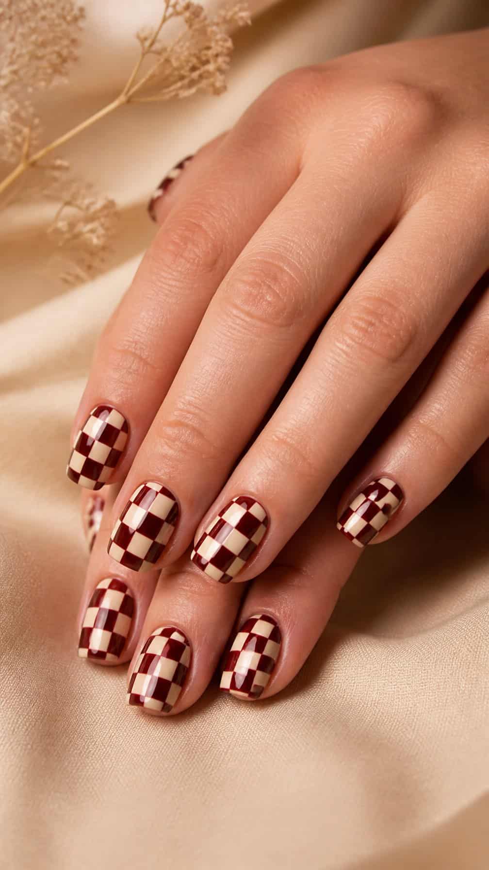 Close-up of hands with glossy maroon and cream checkerboard nail designs.