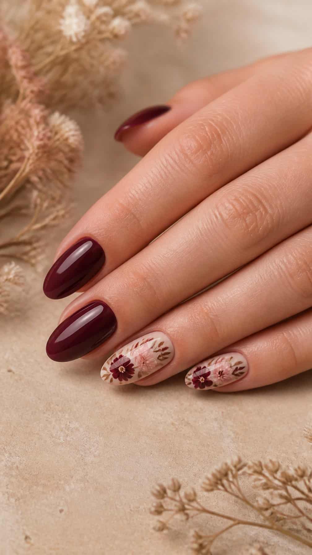 A hand with glossy maroon nails and delicate floral designs on two accent nails.