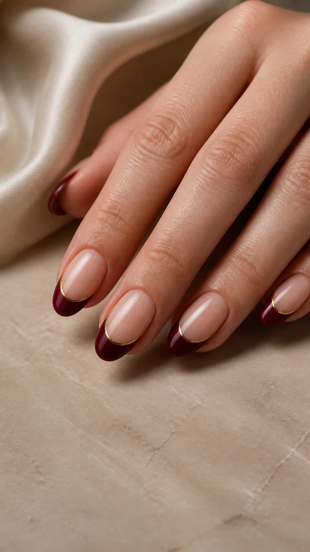 A close-up of hands with maroon French tip nails edged in gold.