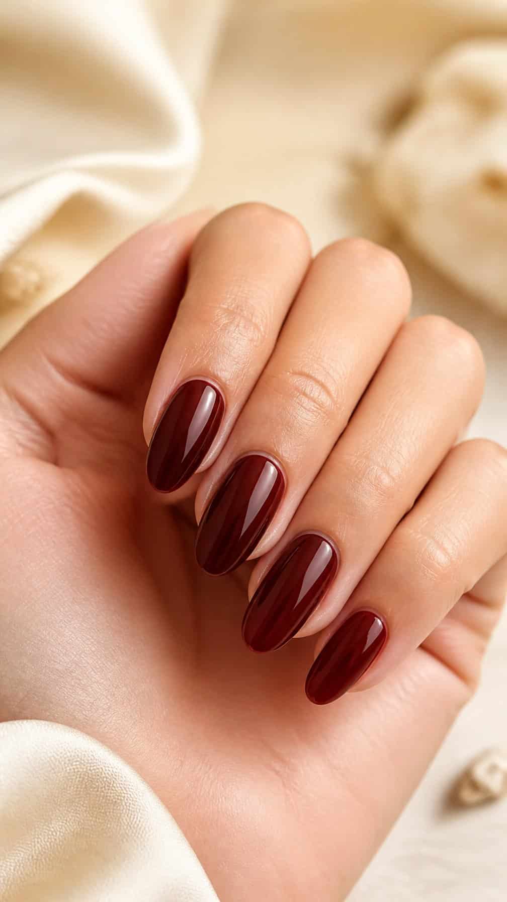 Close-up of a hand with glossy translucent maroon almond-shaped nails against a warm neutral background.