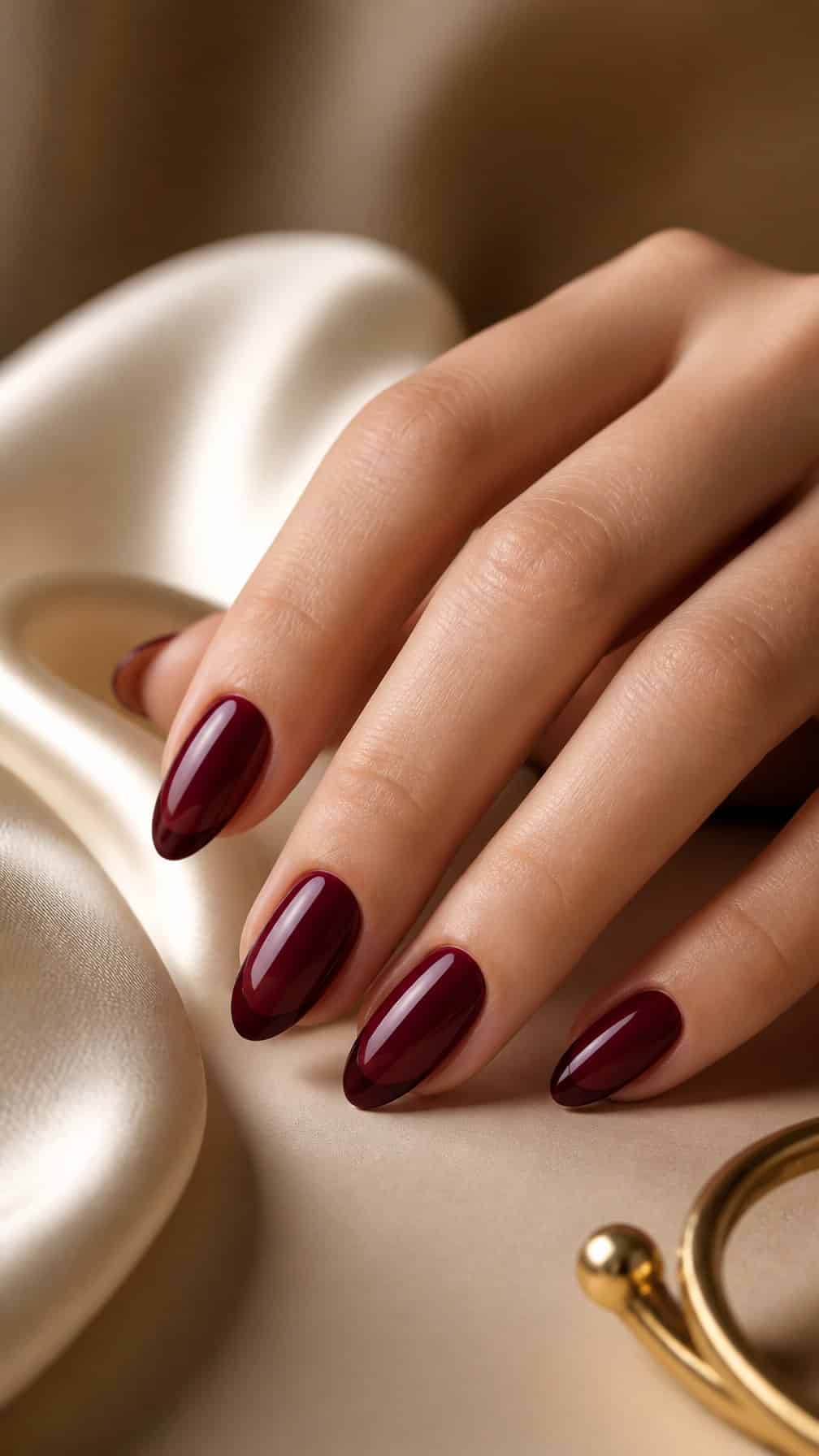 A hand with glossy maroon nails featuring delicate darker maroon French tips rests on a neutral surface.