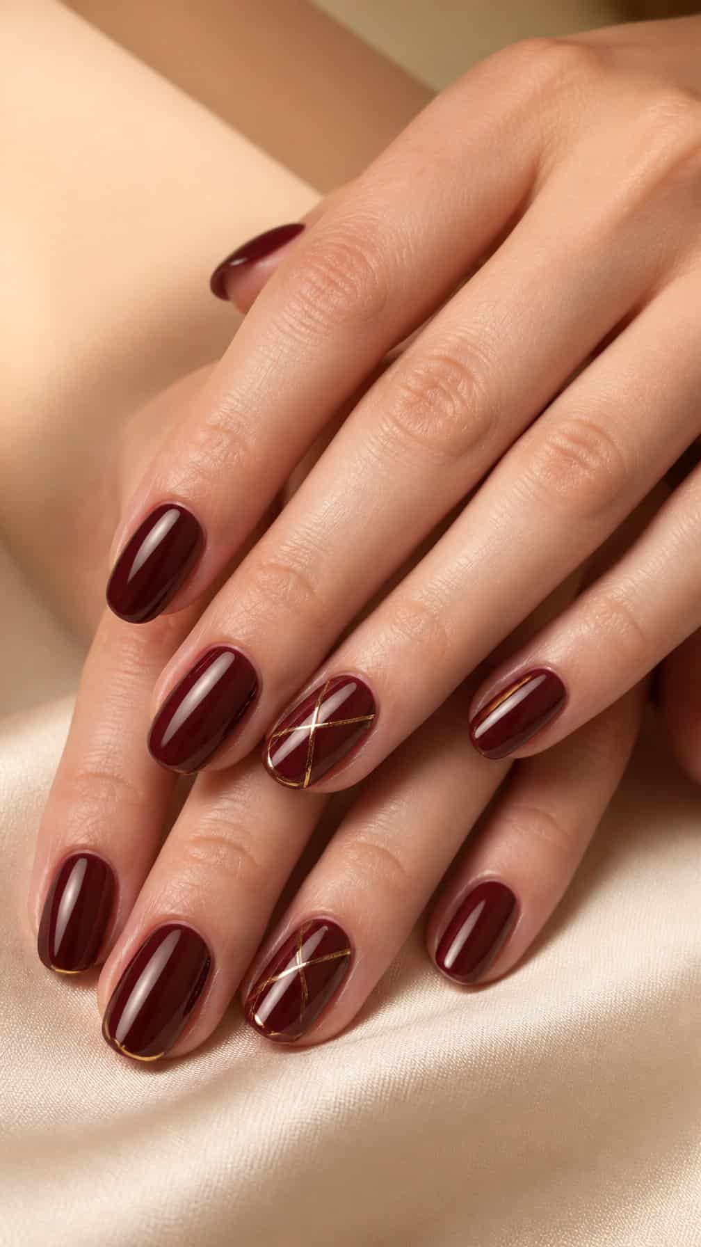 Hands with glossy maroon nails decorated with thin gold lines.