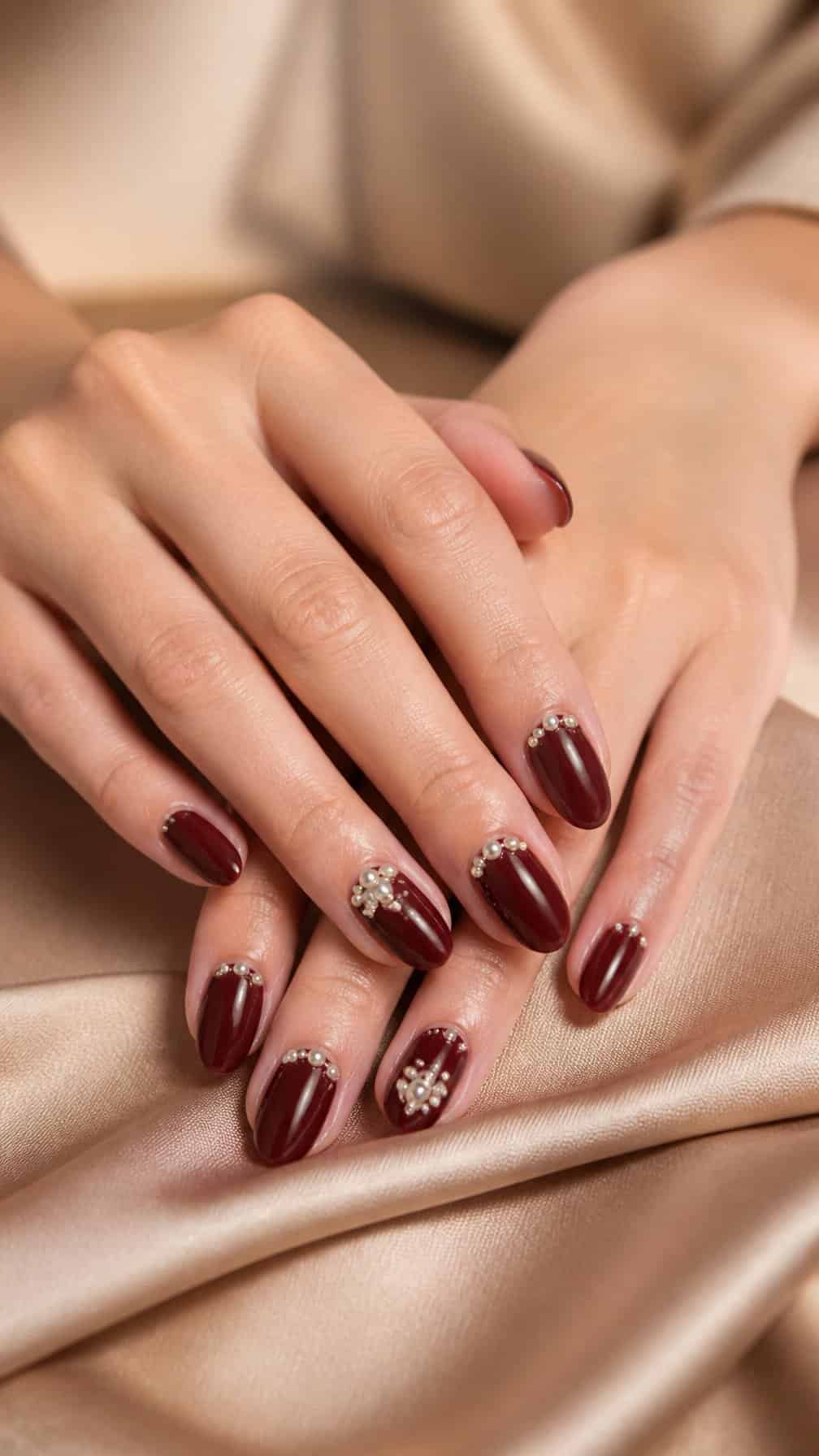 A pair of hands with glossy maroon almond-shaped nails decorated with small pearl accents.