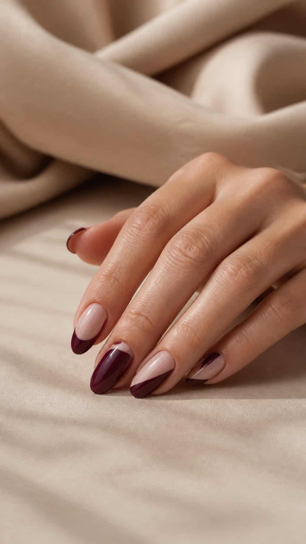 A hand displays maroon and nude negative-space nail art on a neutral beige background.