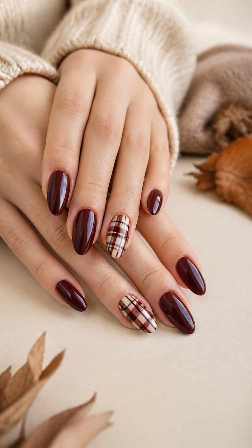 A close-up of manicured hands with glossy maroon nails and plaid accent nails resting on a light surface.