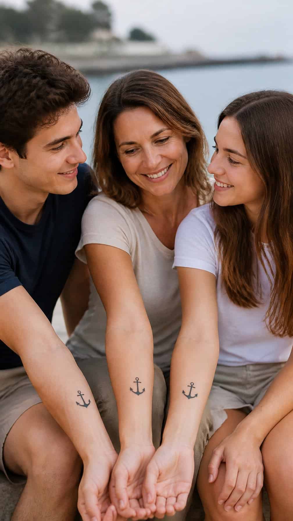 Family members sit together by the coast, showing matching anchor tattoos on their forearms.