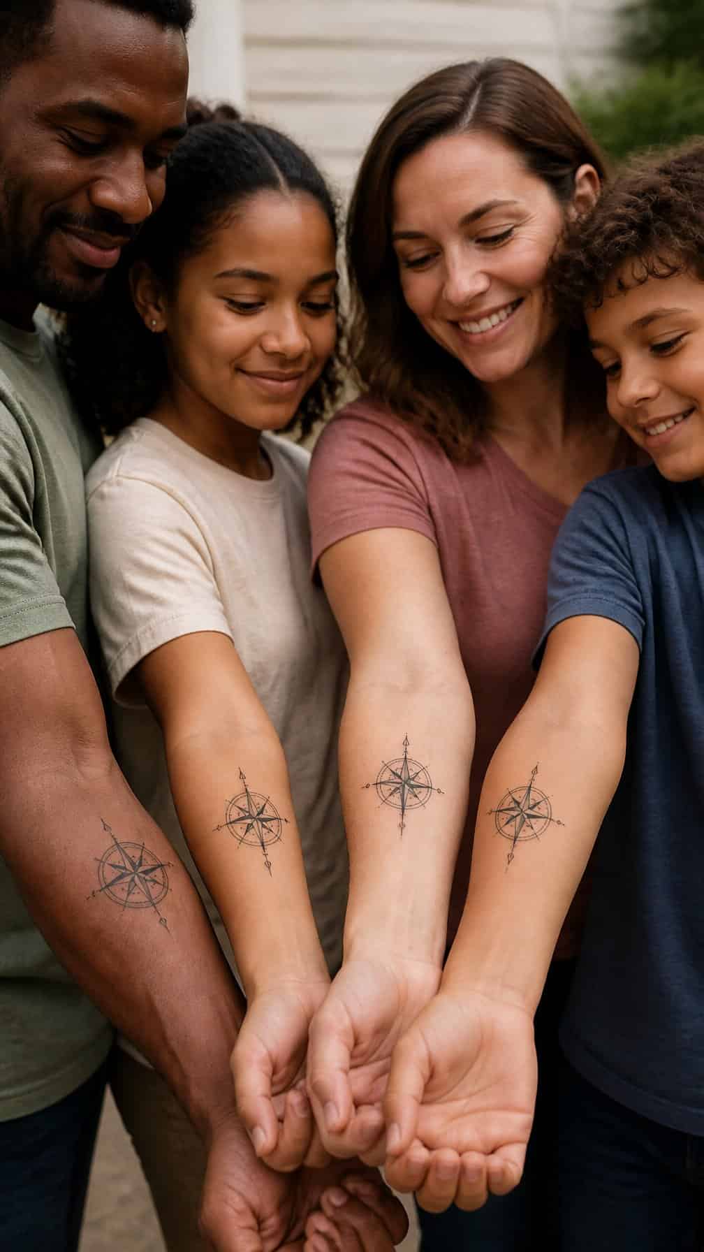 Family members place their arms together to show matching compass tattoos.