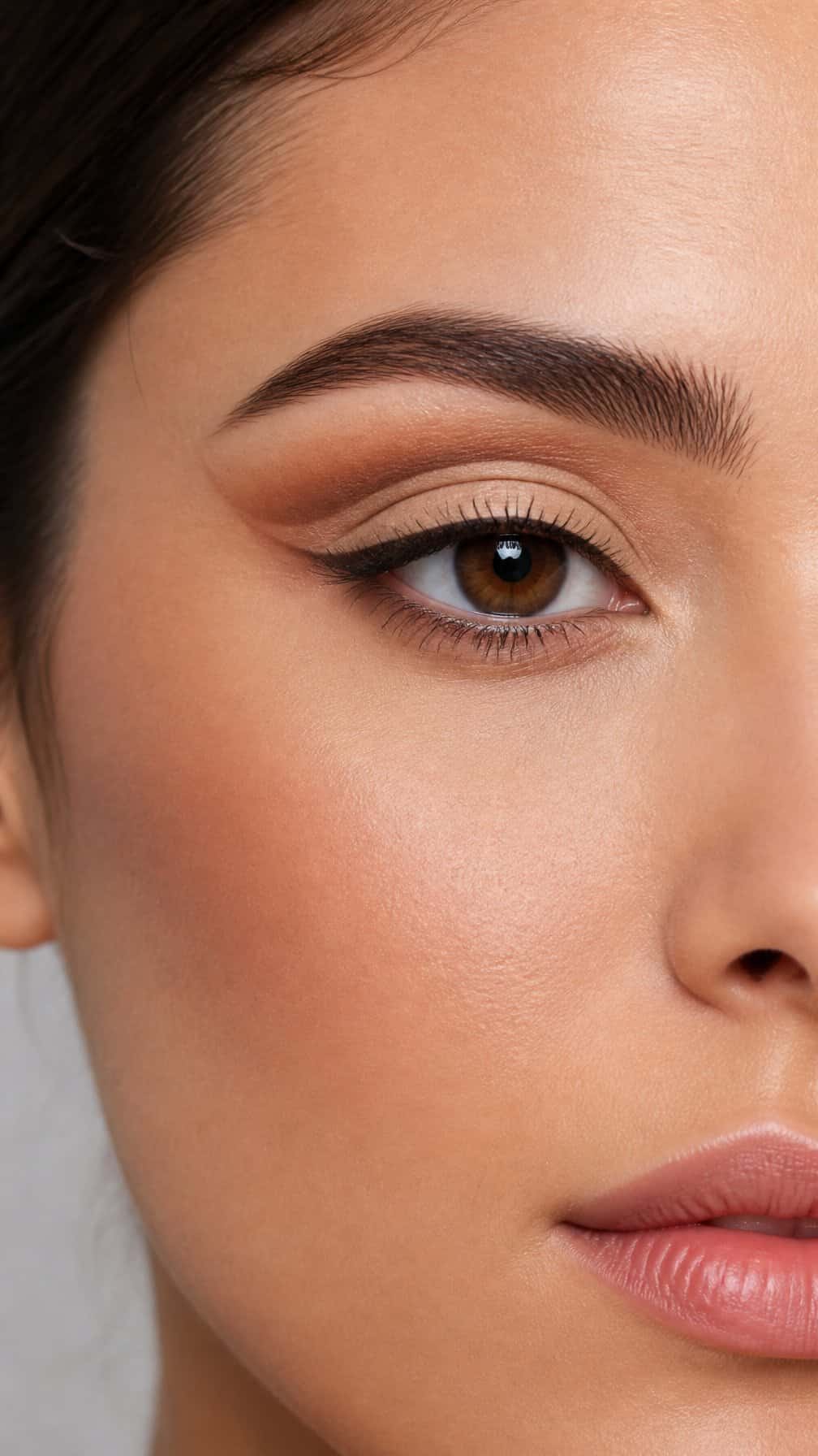 Close-up of an eye with matte cut-crease makeup and softly defined brows.