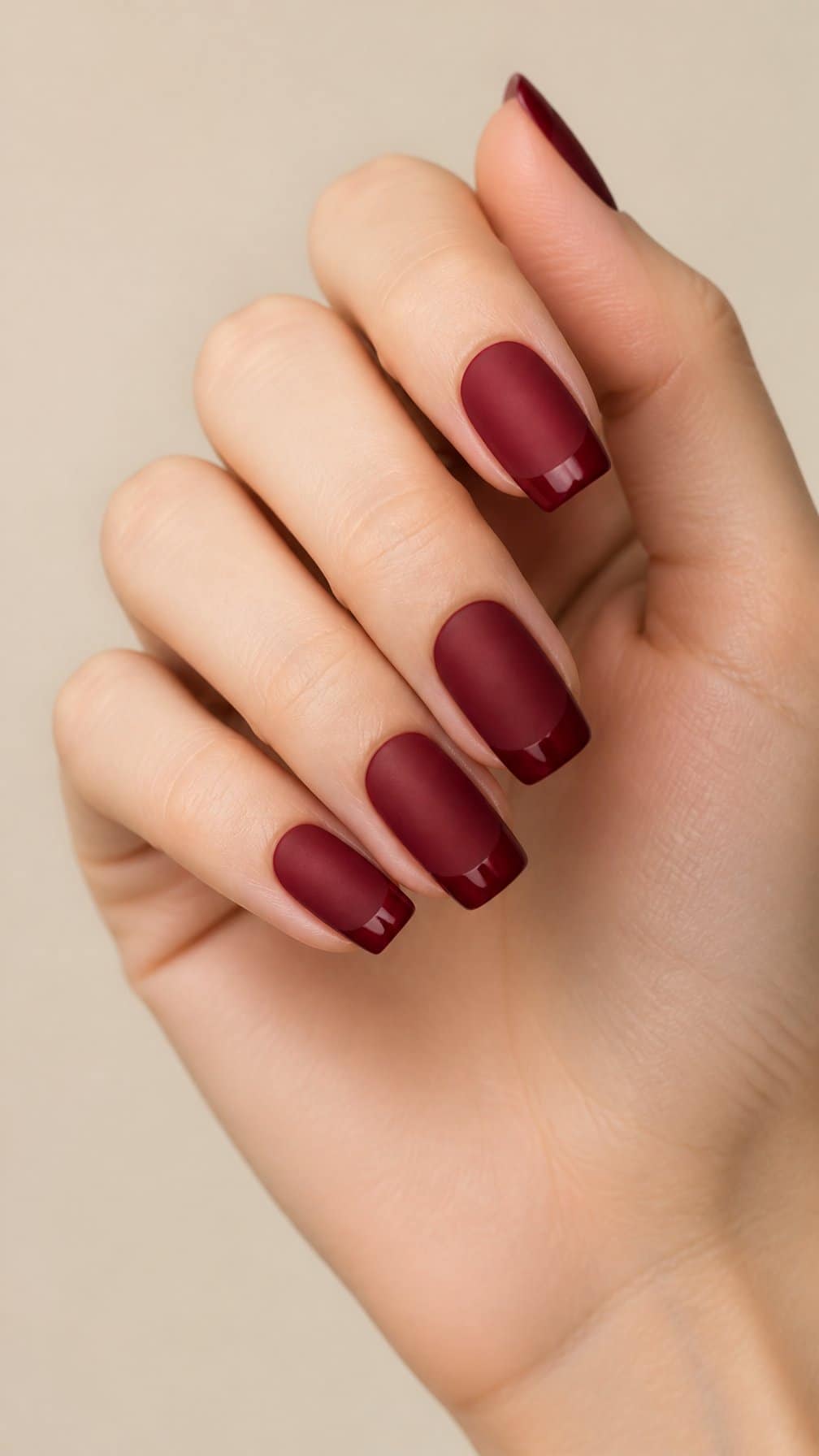 A hand displaying matte maroon nails with glossy maroon tips against a neutral background.
