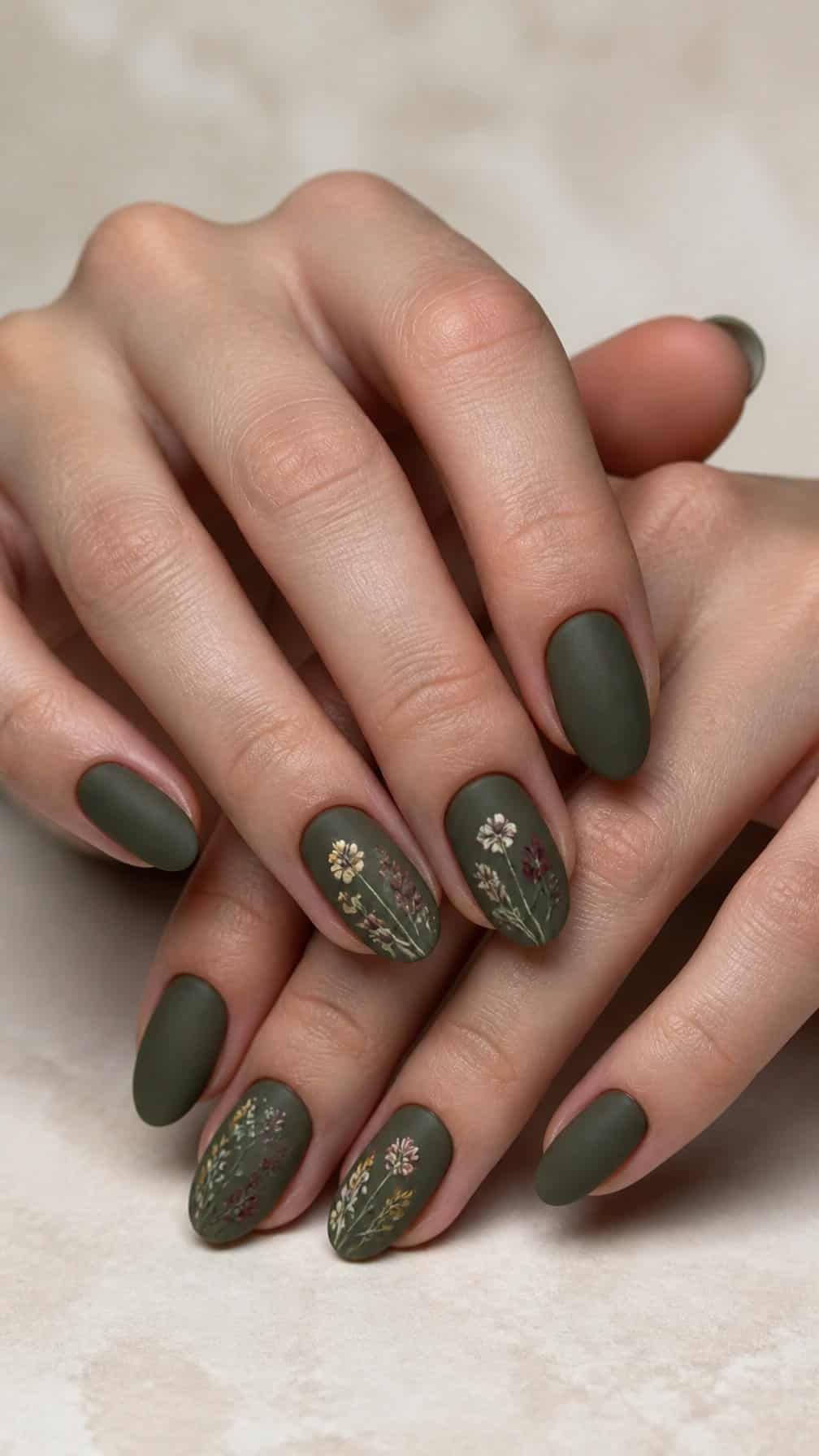A close-up of hands with matte olive green nails decorated with small wildflower designs.