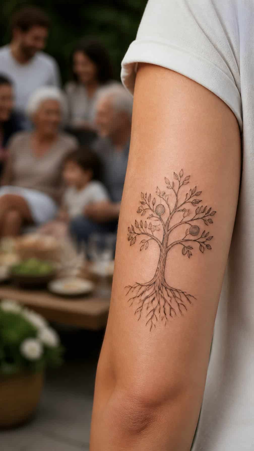 A person displays a minimalist family tree tattoo on their arm while family members gather softly in the background.