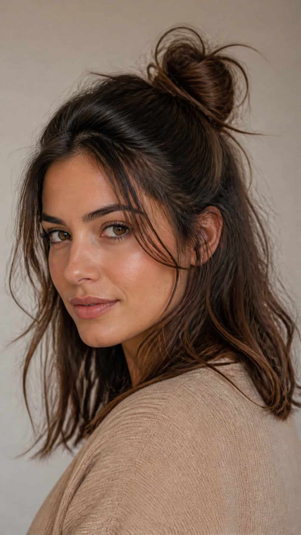 Woman wearing a loosely gathered half-up knot hairstyle with relaxed strands framing her face.
