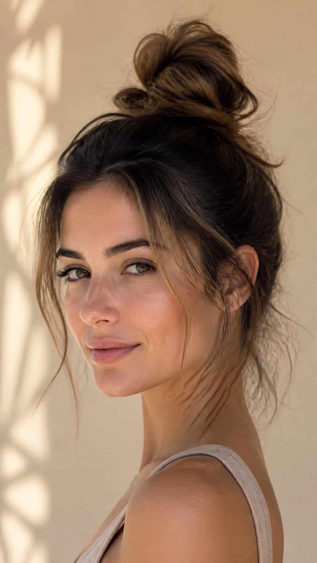Woman wearing a messy top knot hairstyle.