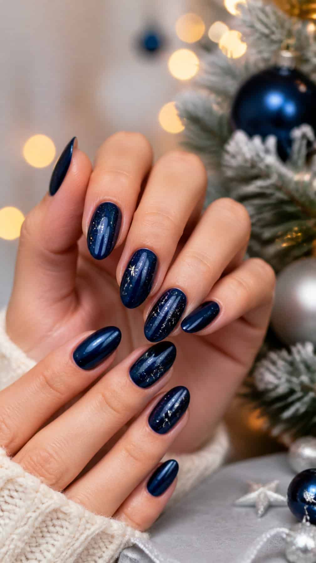 Hands displaying glossy midnight blue nails decorated with small silver stars.